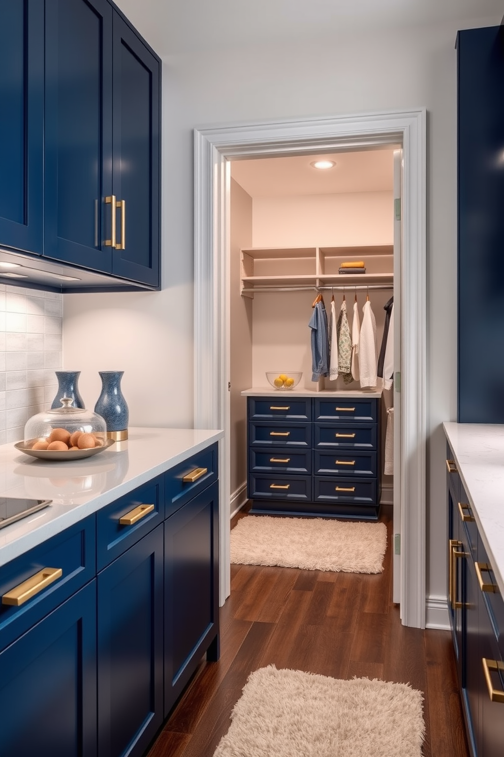 Chic blue and gold hardware adorns the sleek cabinetry in a modern kitchen. The rich blue tones of the cabinets contrast beautifully with the shimmering gold accents, creating an elegant and sophisticated atmosphere. The walk-in closet features custom shelving and hanging space, designed for optimal organization and accessibility. Soft lighting highlights the luxurious finishes, while a plush area rug adds warmth to the space.