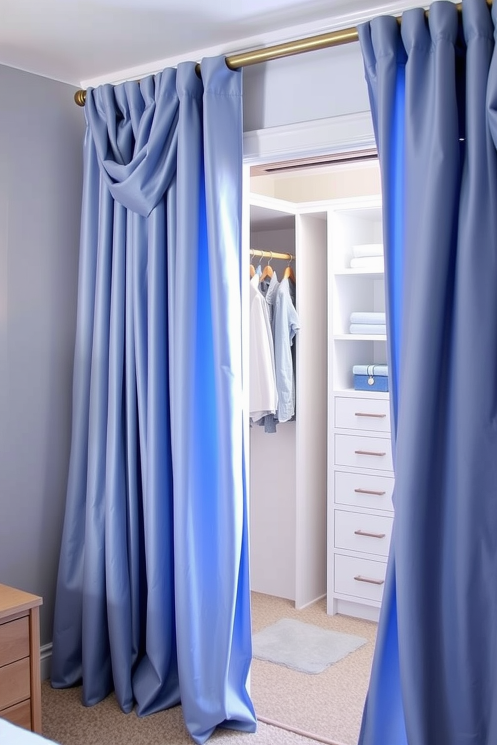 Soft blue curtains drape elegantly from a polished wooden rod, creating a cozy and inviting atmosphere in the room. The fabric gently filters natural light, adding a serene touch to the space. The walk-in closet features custom shelving and hanging space, designed for optimal organization and accessibility. Soft blue accents complement the neutral tones, enhancing the overall aesthetic and creating a harmonious environment.