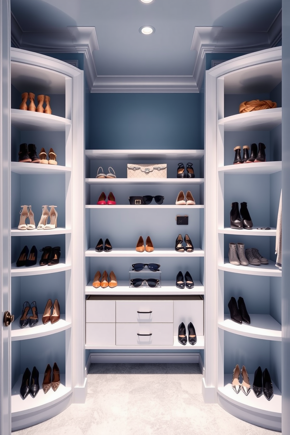 A luxurious walk-in closet featuring soft blue walls that create a serene atmosphere. The space is adorned with white shelving that elegantly displays shoes and accessories, providing both functionality and style.