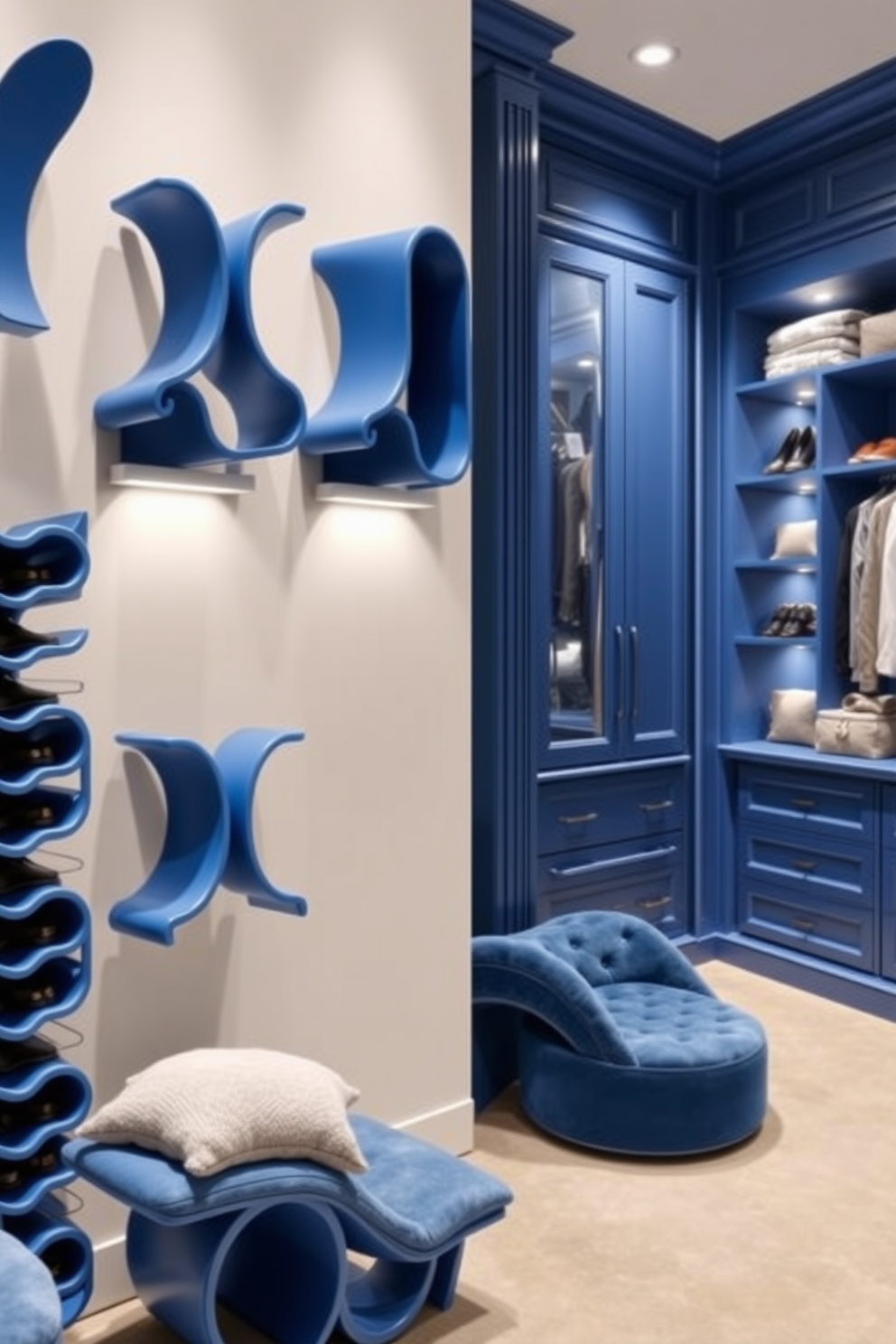 A collection of blue shoe racks with stylish designs that showcase modern aesthetics. Each rack features unique shapes and textures, providing both functionality and visual appeal. A luxurious blue walk-in closet designed for optimal organization and elegance. The space includes custom shelving, ample lighting, and a plush seating area, creating a sophisticated atmosphere.