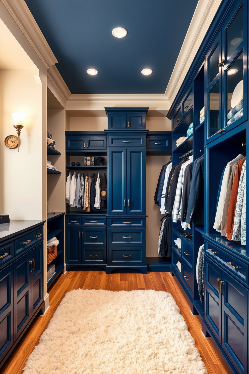 A luxurious walk-in closet featuring a blue and cream color palette that creates a warm and inviting atmosphere. The walls are painted in a soft cream shade, while the cabinetry is a rich navy blue, providing a striking contrast. The closet includes custom shelving and hanging space, elegantly organized to showcase an extensive collection of clothing and accessories. A plush cream-colored rug adds comfort underfoot, and stylish lighting fixtures illuminate the space, enhancing its overall elegance.