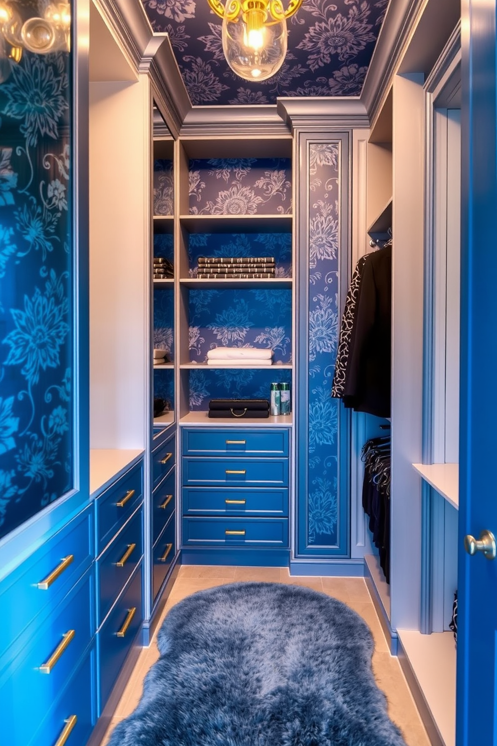 A luxurious walk-in closet features bold blue wallpaper adorned with intricate floral patterns. The space is elegantly organized with custom shelving and hanging rods, complemented by a plush area rug in a lighter shade of blue.