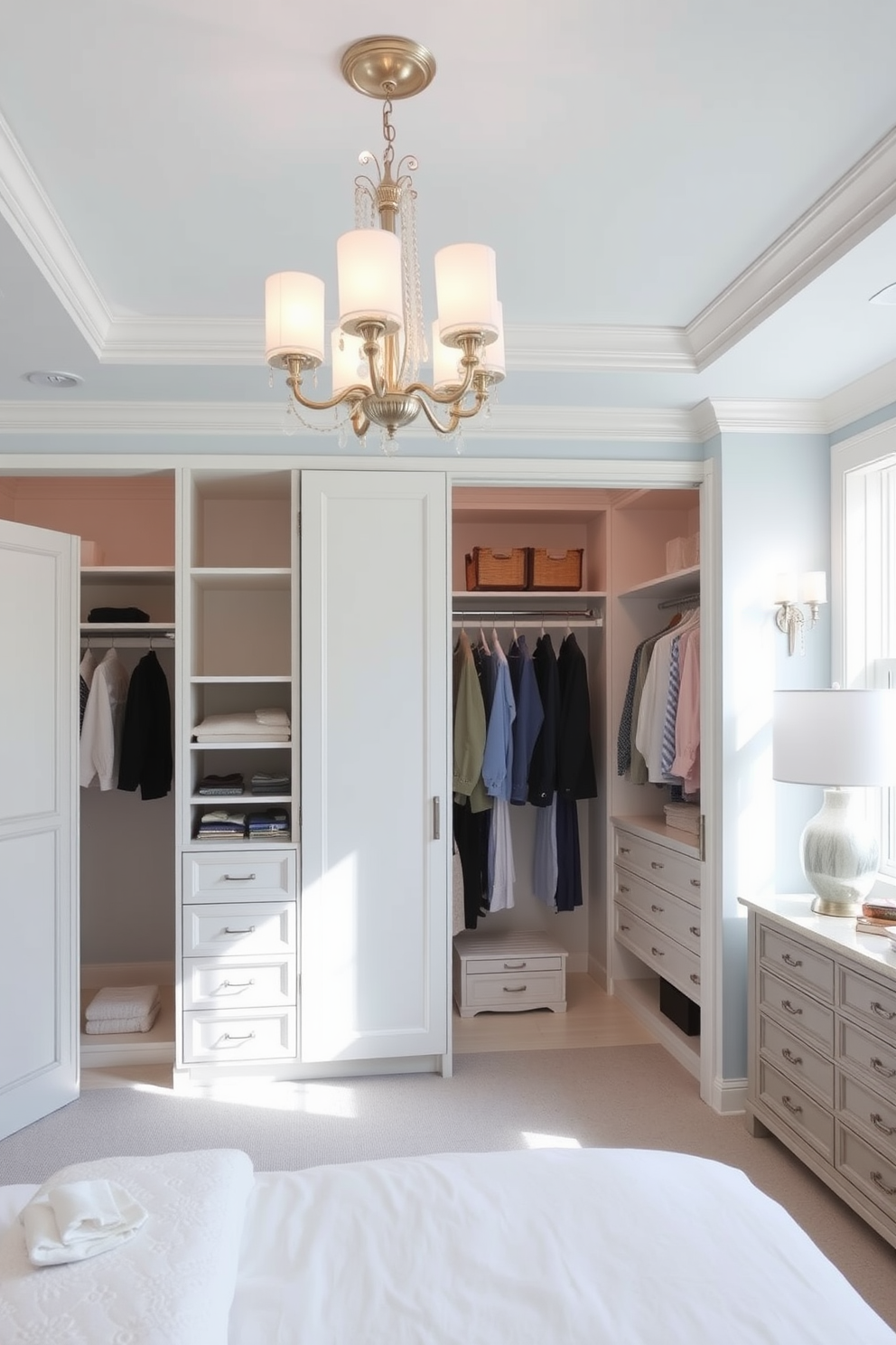 A light blue ceiling creates an airy and spacious atmosphere in the room. The soft hue complements the overall design while enhancing natural light. The walk-in closet features custom shelving and hanging space for optimal organization. Elegant lighting fixtures illuminate the space, adding a touch of luxury to the design.