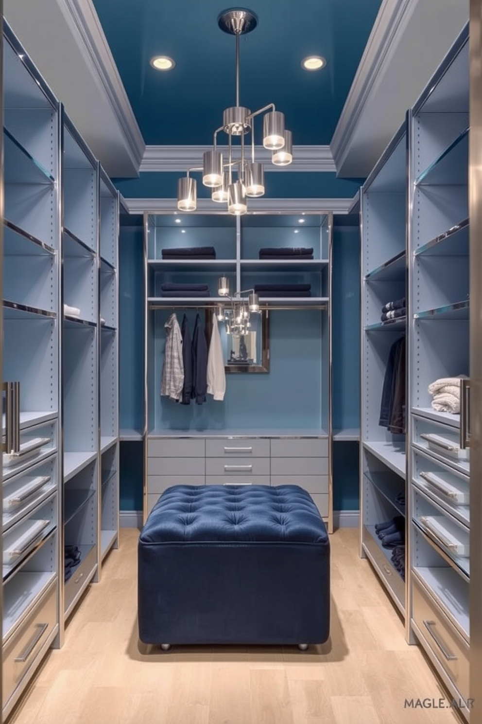 A luxurious walk-in closet featuring blue and silver accents. The walls are painted in a soft blue hue, complemented by sleek silver shelving and hardware. The center of the closet includes a plush ottoman upholstered in a rich navy fabric. Elegant lighting fixtures with silver finishes illuminate the space, creating a modern and sophisticated atmosphere.