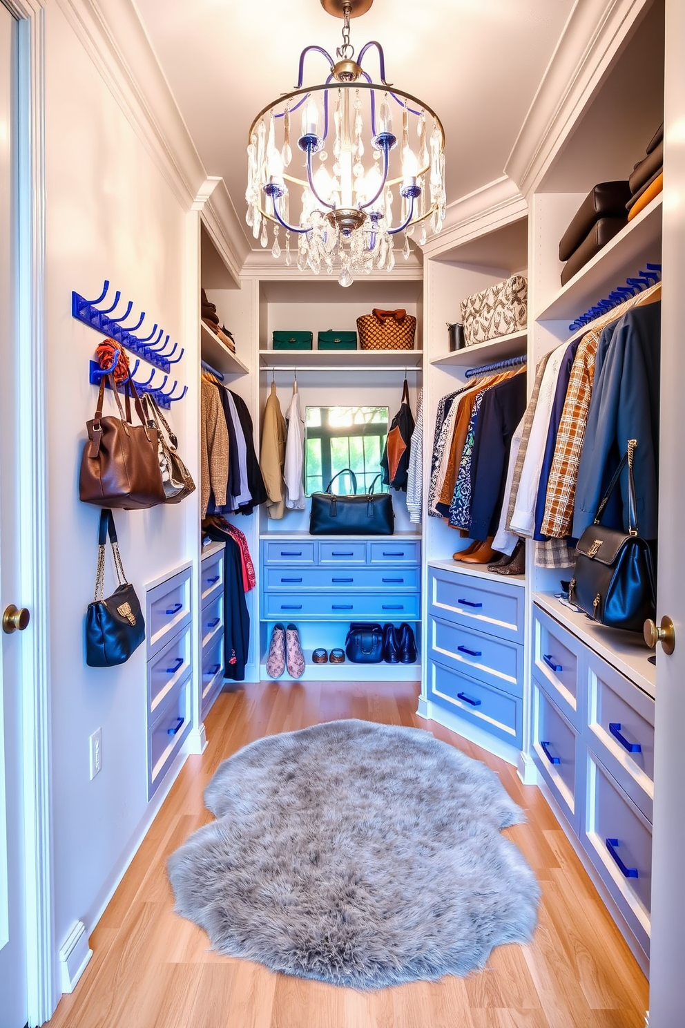 A stylish walk-in closet featuring blue hooks for accessories and bags. The walls are painted in a soft white hue, and the flooring is a light oak that adds warmth to the space. The closet is organized with built-in shelving and drawers, creating a functional yet elegant display for clothing. A plush area rug in a neutral tone adds comfort underfoot, while a statement chandelier provides ambient lighting.