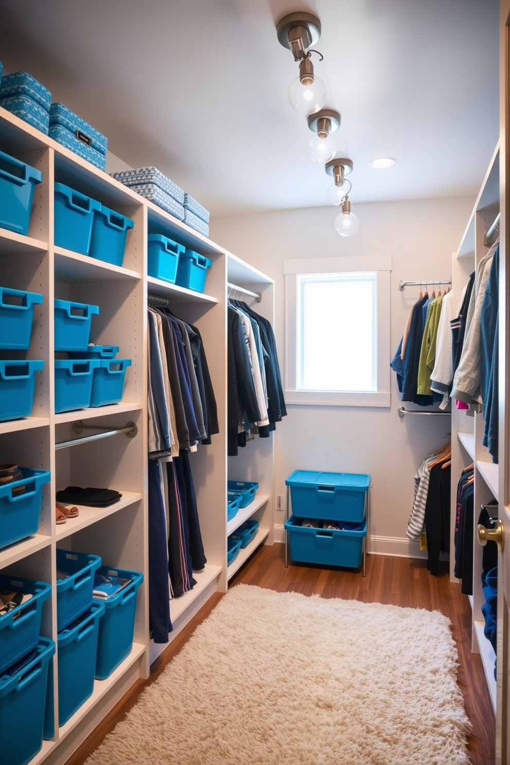 Bright blue storage bins are neatly arranged on open shelves, providing easy access to clothing and accessories. The walls of the walk-in closet are painted in a soft white, enhancing the bright blue accents throughout the space. The closet features a spacious layout with custom shelving and hanging rods for optimal organization. A plush area rug in a neutral tone adds comfort underfoot, while stylish lighting fixtures illuminate the area beautifully.