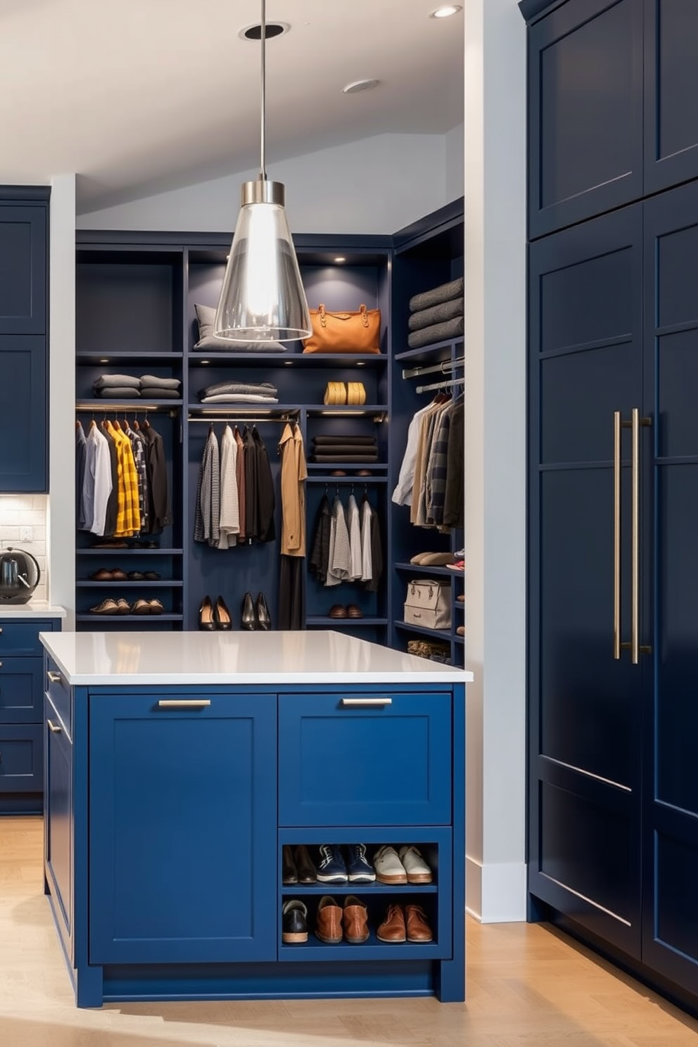 A dark blue kitchen island features built-in shoe storage, providing both functionality and style. The island is complemented by sleek white countertops and modern pendant lighting overhead. The walk-in closet is designed with a rich blue color palette, showcasing elegant shelving and hanging space. Soft lighting highlights the organized shoe racks and accessories, creating a luxurious dressing area.