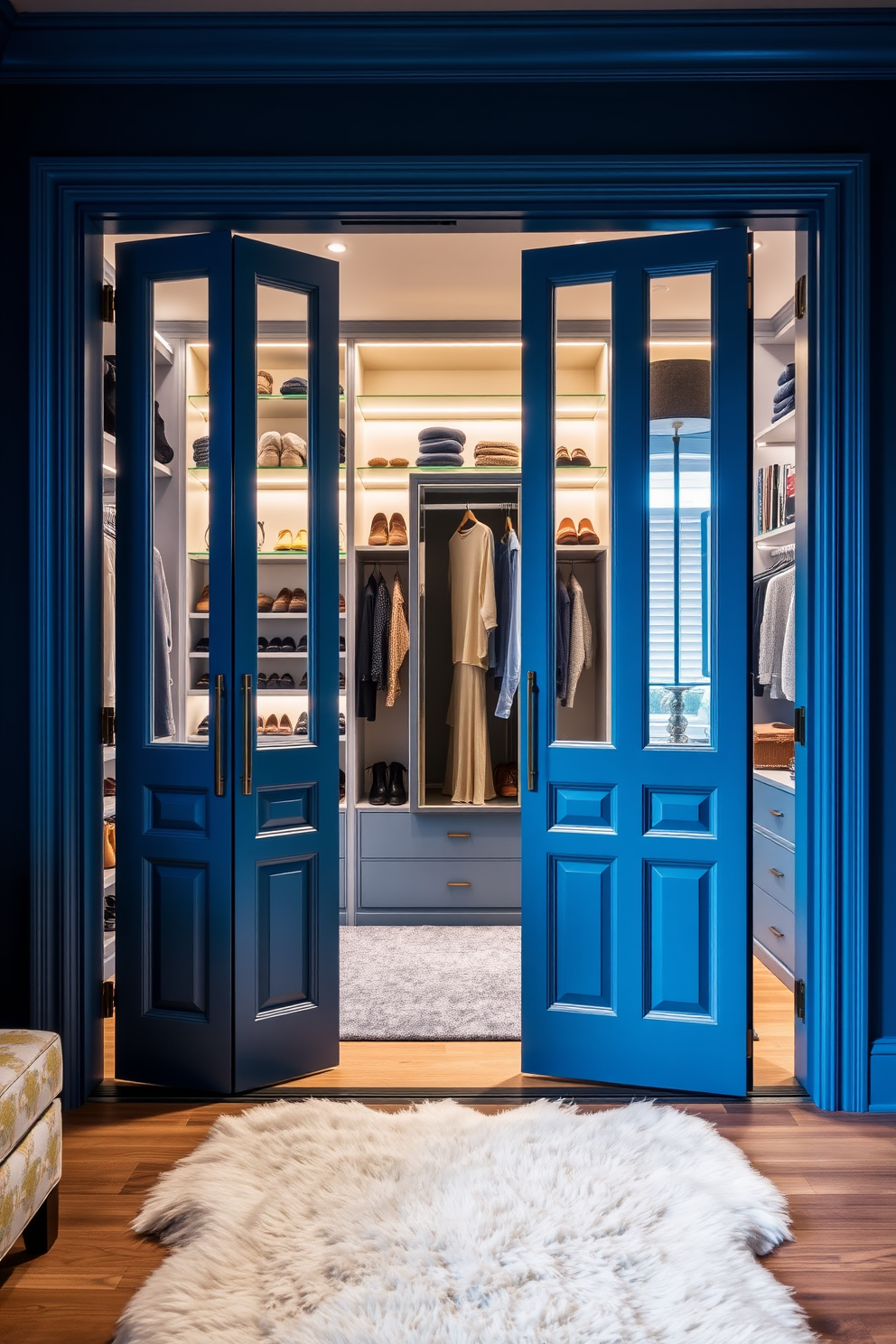 A stylish set of blue folding doors serves as the entrance to a spacious walk-in closet. The interior features custom shelving and hanging space, accented by soft lighting that highlights the organized arrangement of shoes and accessories. The closet is designed with a modern aesthetic, incorporating shades of blue and elegant hardware for a cohesive look. A plush area rug adds warmth to the space, while a full-length mirror enhances the functionality and visual appeal of the walk-in closet.