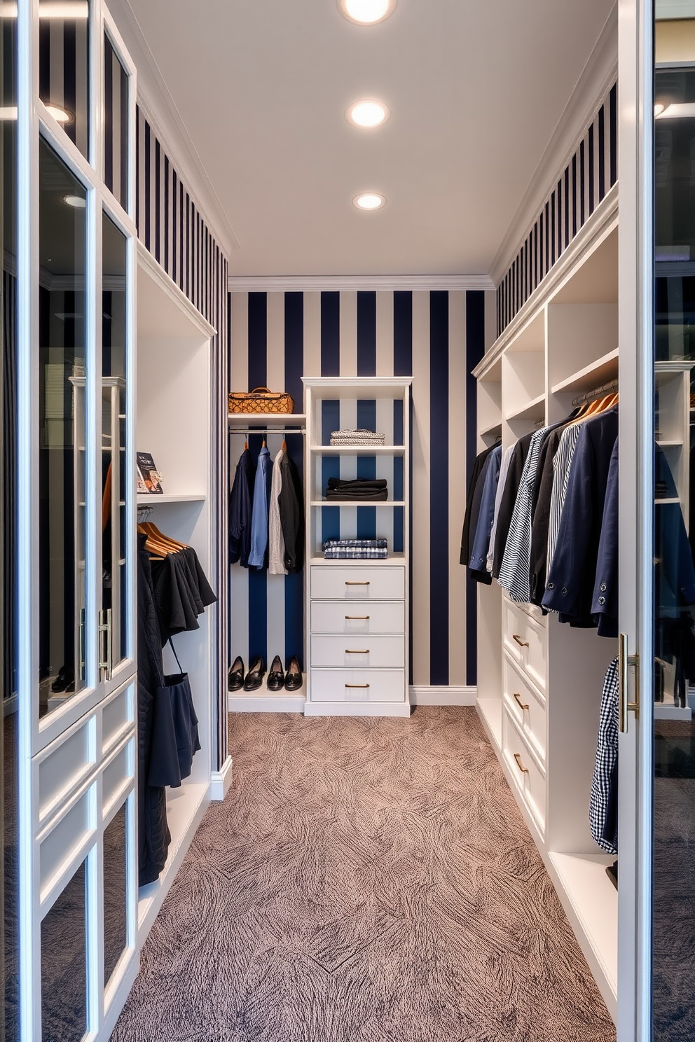 A luxurious walk-in closet featuring navy blue and white striped wallpaper that adds a touch of elegance. The space is designed with custom shelving and hanging areas, providing ample storage for clothing and accessories.