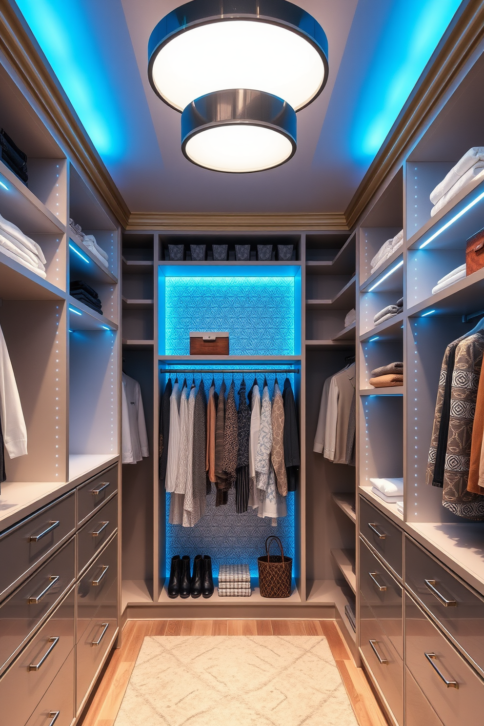 A luxurious walk-in closet designed with sky blue lighting fixtures that create a soothing ambiance. The space features custom shelving and hanging areas, beautifully organized with a blend of open and closed storage solutions.