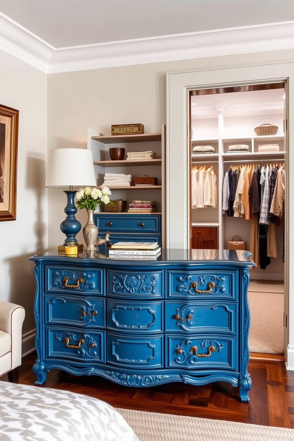 A vintage blue dresser serves as a stunning centerpiece in the room, showcasing intricate carvings and antique brass handles. Surrounding the dresser are soft, neutral tones that enhance its vibrant hue, creating a harmonious balance. The walk-in closet features elegant shelving and hanging space, designed for both functionality and style. Rich wooden accents and soft lighting create an inviting atmosphere, making it a luxurious retreat for organizing clothing and accessories.