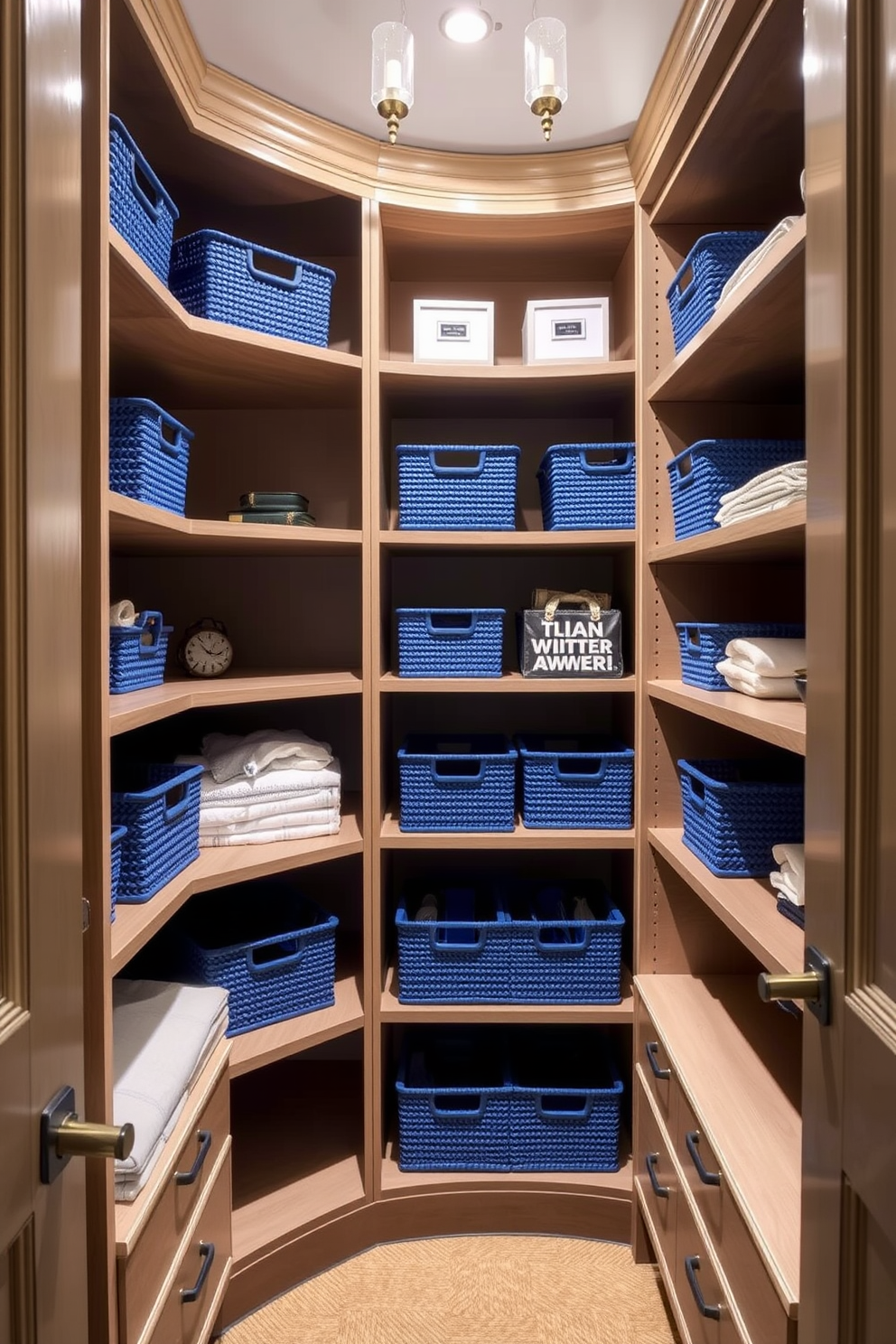 A stylish walk-in closet features open shelving adorned with blue baskets for organization. The shelving is complemented by elegant lighting, creating a bright and inviting atmosphere.