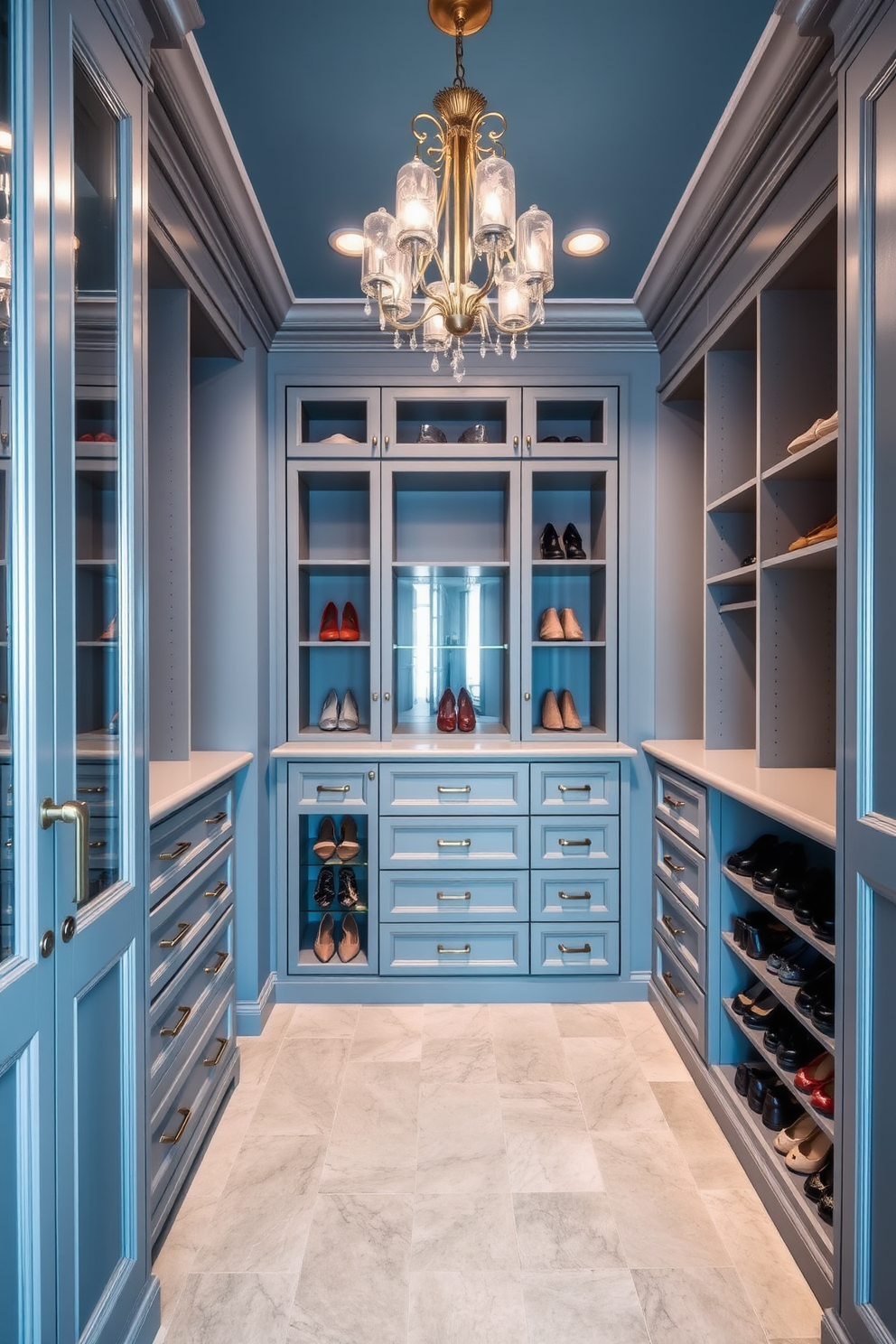 A luxurious walk-in closet featuring a crisp blue and gray color scheme. The walls are painted in a soft blue hue, while the cabinetry is a sleek gray, providing ample storage with built-in shelves and drawers. The flooring is a light gray tile that complements the color palette beautifully. Elegant lighting fixtures hang from the ceiling, illuminating the space and highlighting the organized display of shoes and accessories.