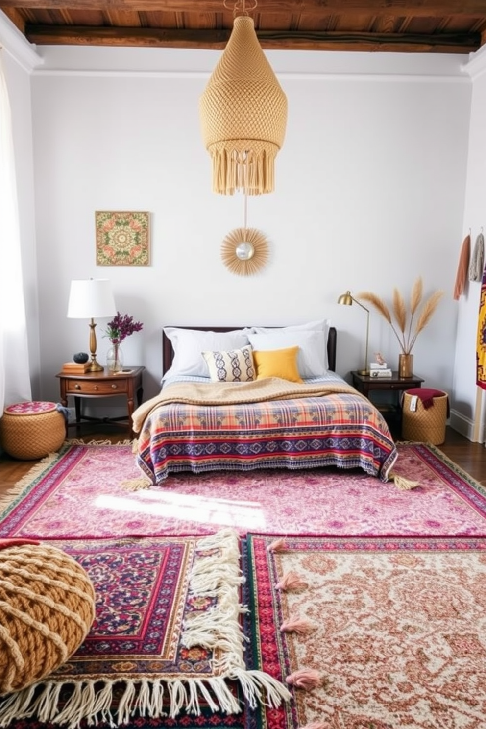 A bohemian bedroom design featuring layered rugs that add cozy texture to the space. The room is adorned with a mix of vibrant colors and patterns, creating a warm and inviting atmosphere.