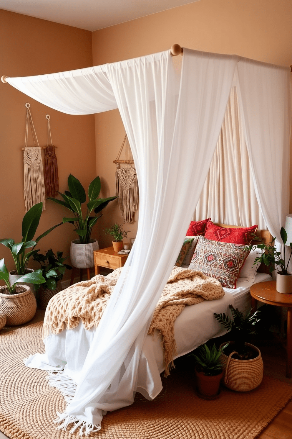 A cozy bohemian bedroom featuring a canopy bed draped with sheer white fabric. The bed is adorned with colorful patterned pillows and a chunky knit throw, creating a warm and inviting atmosphere. Surrounding the bed are potted plants and macrame wall hangings that add texture and a touch of nature. The walls are painted in a soft earth tone, while a woven area rug anchors the space, enhancing the boho vibe.