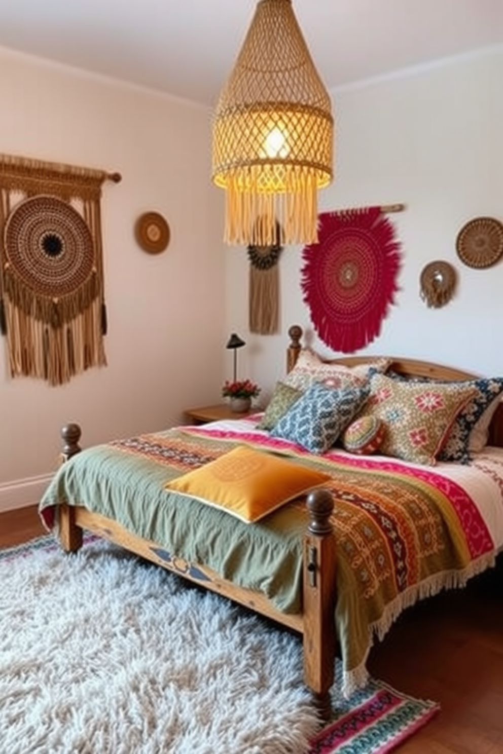 A cozy boho bedroom featuring a neutral color palette accented with vibrant pops of color. The walls are adorned with woven wall hangings and the bedding combines soft textures with bold patterns for a layered look. A large macrame hanging lamp illuminates the space, casting warm light over a plush area rug. Decorative pillows in various hues and shapes are scattered across a vintage wooden bed frame, creating an inviting atmosphere.