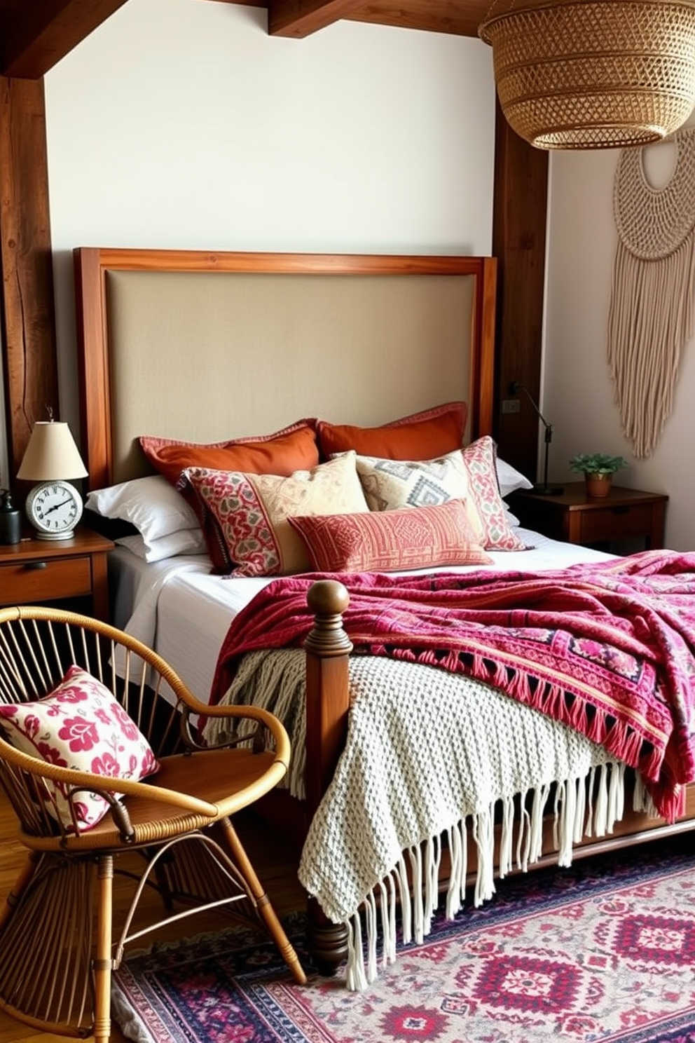 A cozy boho bedroom filled with an eclectic mix of furniture styles. A vintage wooden bed frame is paired with a modern upholstered headboard, creating a unique focal point. Layered textiles in vibrant colors adorn the bed, including patterned throw pillows and a chunky knit blanket. A rattan chair sits in one corner, complemented by a reclaimed wood side table and a macramé wall hanging.