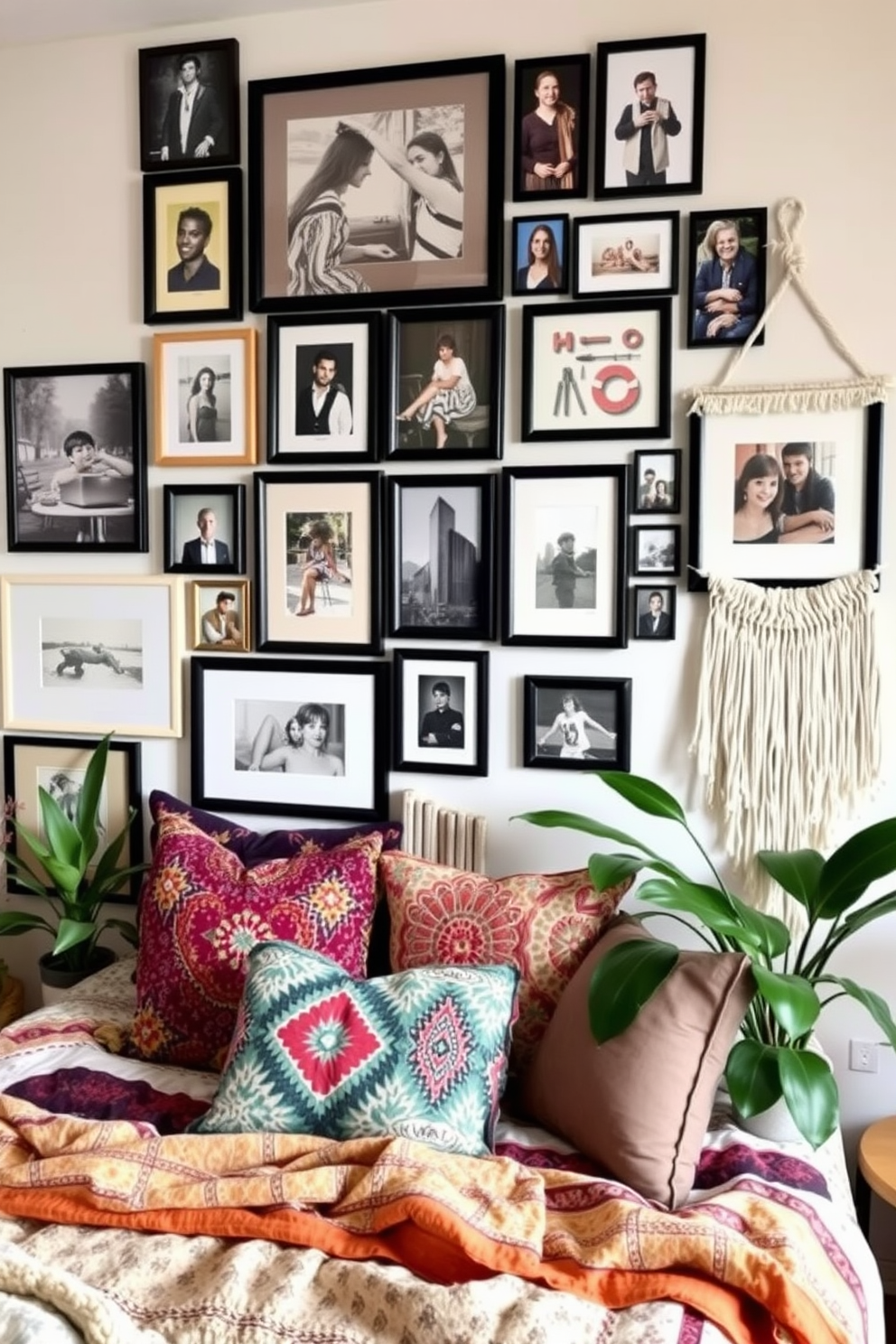 Artistic gallery wall with personal photos. The wall features a mix of framed photographs and artwork in various sizes, arranged in an eclectic yet harmonious layout. Boho bedroom design ideas. The room includes a cozy bed with layered textiles, vibrant throw pillows, and a macrame wall hanging, complemented by plants and natural wood accents.