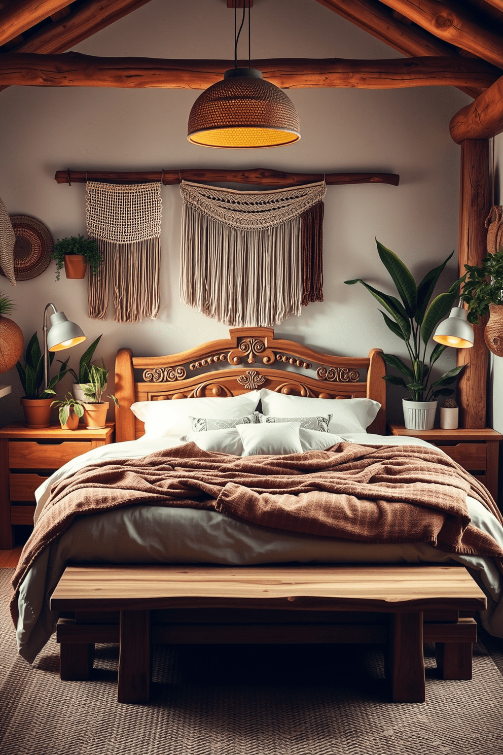 A cozy bohemian bedroom filled with natural wood accents that create an earthy warmth. The bed is adorned with layered textiles in neutral tones, surrounded by potted plants and woven wall hangings that enhance the organic feel. A wooden headboard with intricate carvings serves as a focal point, complemented by bedside tables made from reclaimed wood. Soft lighting from pendant lamps casts a warm glow, inviting relaxation and tranquility into the space.