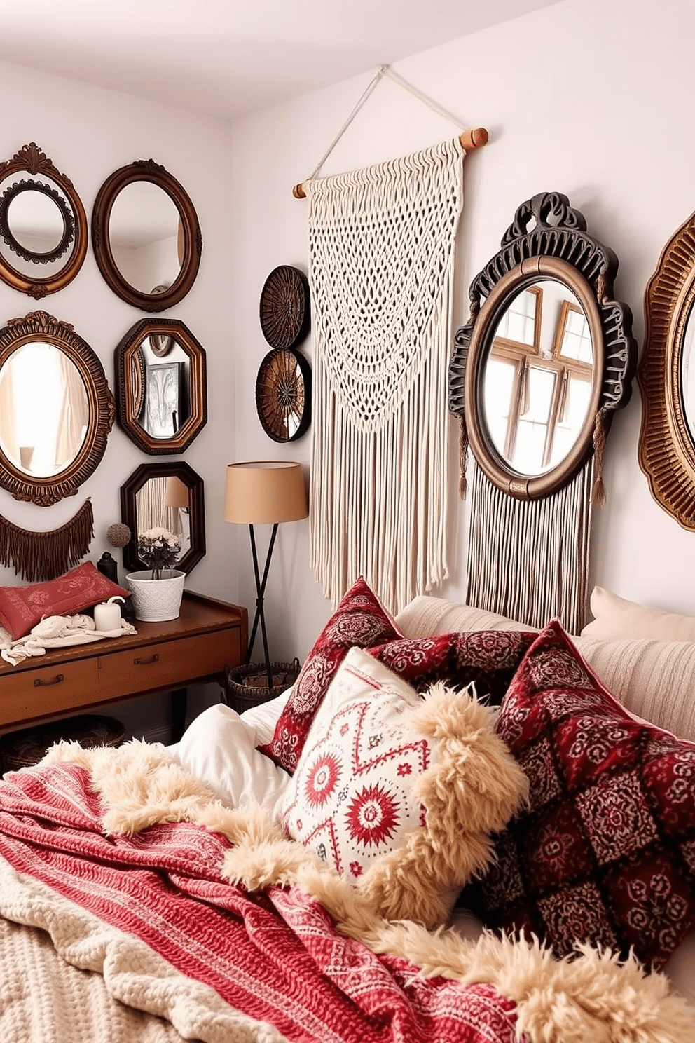 A cozy boho bedroom featuring vintage mirrors that enhance light reflection. The room is adorned with layered textiles, including a macrame wall hanging and patterned throw pillows on a plush bed.