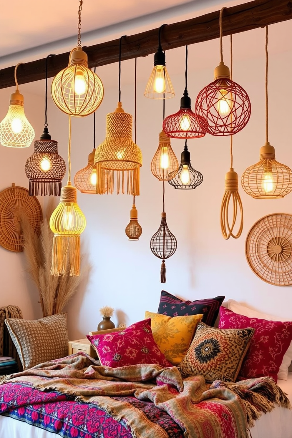 A collection of unique light fixtures hangs from the ceiling, each with a distinct design that adds visual interest to the space. The warm glow from the fixtures creates an inviting atmosphere, complementing the overall decor. The boho bedroom features layered textiles with vibrant patterns, including a mix of throw pillows and a cozy blanket draped over the bed. Natural materials like rattan and wood are incorporated throughout, enhancing the relaxed and eclectic vibe.