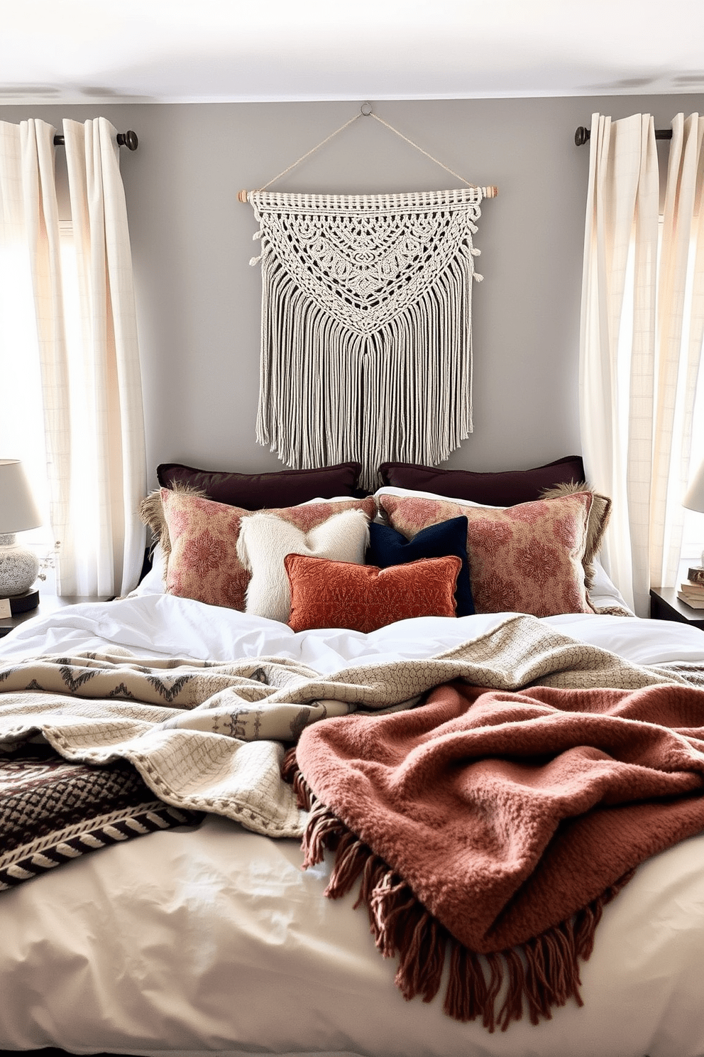 A cozy boho bedroom featuring layered bedding with various textures. The bed is adorned with a mix of patterned throws and plush pillows in earthy tones. A woven macrame wall hanging adds an artistic touch above the headboard. Natural light filters through sheer curtains, creating a warm and inviting atmosphere.