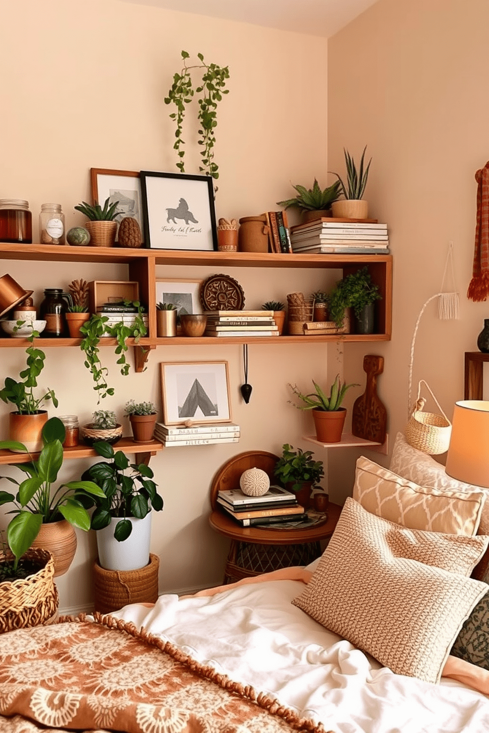 A cozy boho bedroom features open shelving on the walls, adorned with an eclectic mix of decor items like plants, books, and handmade crafts. The warm color palette includes earthy tones and soft textures, creating an inviting and relaxed atmosphere.