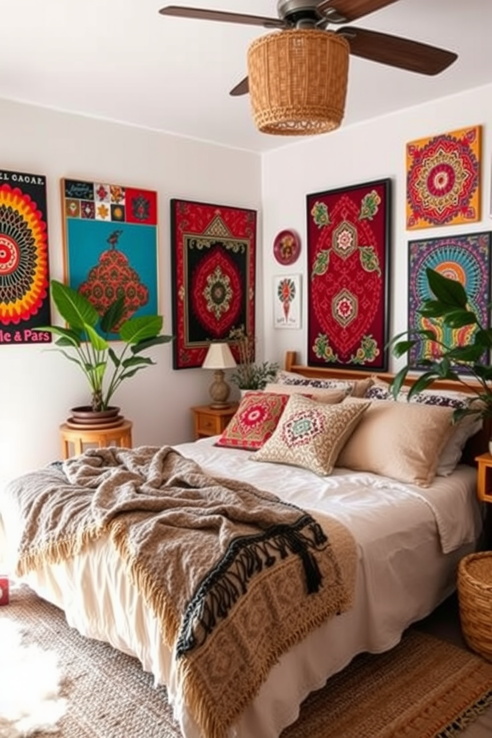 A cozy bohemian bedroom filled with vibrant artwork that adds character to the space. The walls are adorned with eclectic pieces featuring bold colors and intricate patterns, creating a lively and inviting atmosphere. Layered textiles in various textures and hues complement the artwork, with a plush area rug and throw pillows scattered across the bed. Natural materials like wood and rattan enhance the boho aesthetic, while plants bring a touch of greenery to the room.