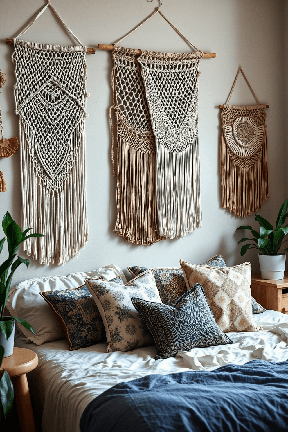 A cozy boho bedroom featuring textured wall hangings that add depth and warmth to the space. The walls are adorned with macrame and woven textiles, creating a layered and inviting atmosphere. A plush bed with an assortment of patterned throw pillows sits against the wall. Natural wood furniture and plants enhance the bohemian vibe, bringing a touch of nature indoors.