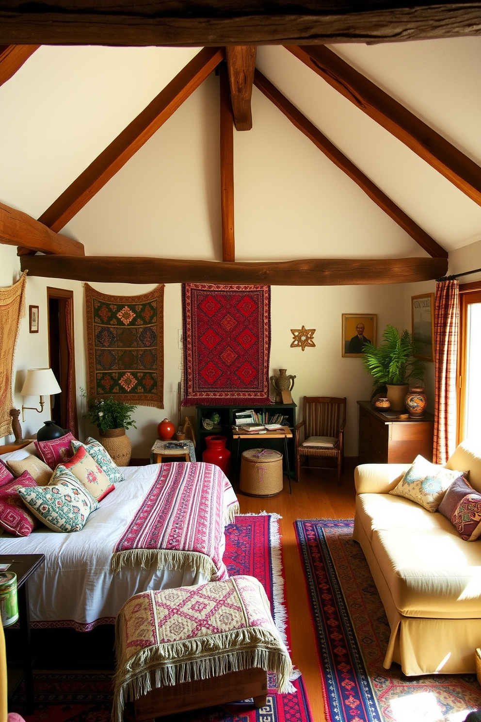 A cozy bohemian bedroom featuring rustic wooden beams that add architectural charm. The space is adorned with vibrant textiles, layered rugs, and an eclectic mix of furniture pieces for a warm, inviting atmosphere.