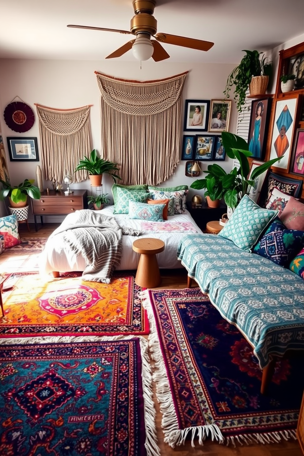 A vibrant boho bedroom filled with eclectic decor. Colorful area rugs in various patterns and textures define the different spaces within the room, creating a cozy and inviting atmosphere. The walls are adorned with macrame hangings and framed artwork, adding a personal touch. A mix of vintage and modern furniture pieces, along with lush plants, enhance the bohemian vibe of the space.