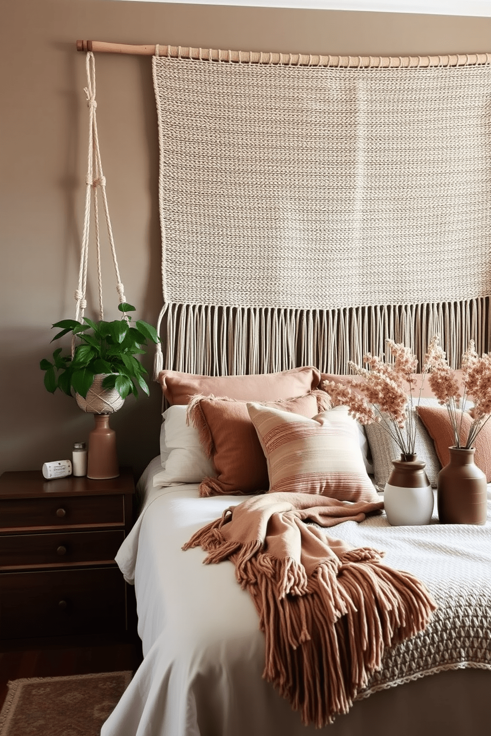 A cozy boho bedroom featuring a large woven wall hanging above the bed. The bed is adorned with an array of textured pillows and a soft, fringed throw blanket in earthy tones. In one corner, a macrame plant hanger holds a lush green plant, adding a natural element to the space. A vintage wooden dresser complements the warm color palette and is topped with a few carefully arranged dried flower bouquets in ceramic vases.