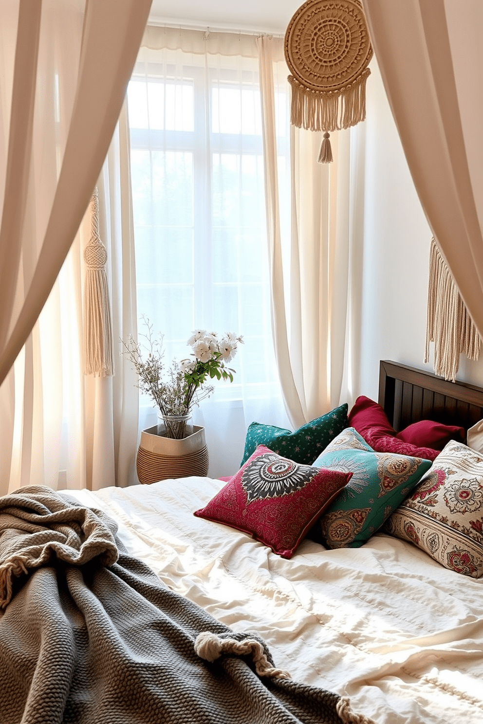 A cozy boho bedroom filled with soft, flowing curtains that gently filter the light. The walls are adorned with macrame hangings and the bed is layered with textured blankets and an array of colorful pillows.