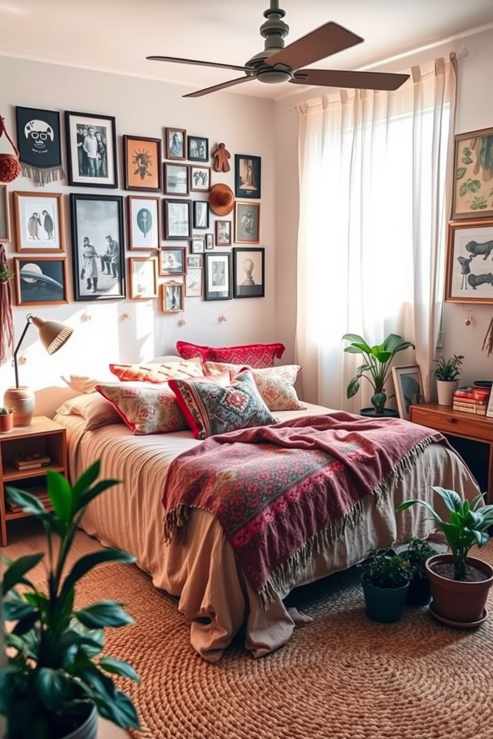 A cozy boho bedroom filled with personalized keepsakes that evoke a sense of warmth and nostalgia. Soft textiles in earthy tones drape over a plush bed adorned with an array of colorful cushions and handmade quilts. A gallery wall showcases an eclectic mix of framed photographs and unique art pieces, reflecting the personality of the inhabitants. Natural light filters through sheer curtains, illuminating a woven rug and potted plants that enhance the inviting atmosphere.