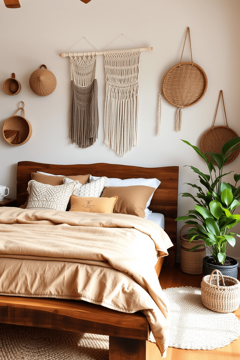 A bohemian bedroom filled with sustainable materials. The bed is made from reclaimed wood, adorned with organic cotton bedding in earthy tones. Macrame wall hangings and woven baskets add texture and warmth. A potted plant sits in the corner, bringing a touch of nature indoors.