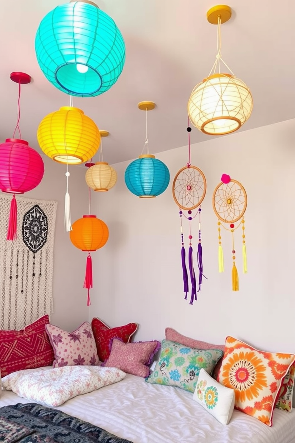 Whimsical ceiling decorations create a playful atmosphere in the room. Colorful paper lanterns and hanging dreamcatchers dangle from the ceiling, adding a touch of magic. Boho bedroom design ideas embrace a relaxed and eclectic vibe. Layered textiles, including patterned rugs and vibrant throw pillows, create a cozy and inviting space.