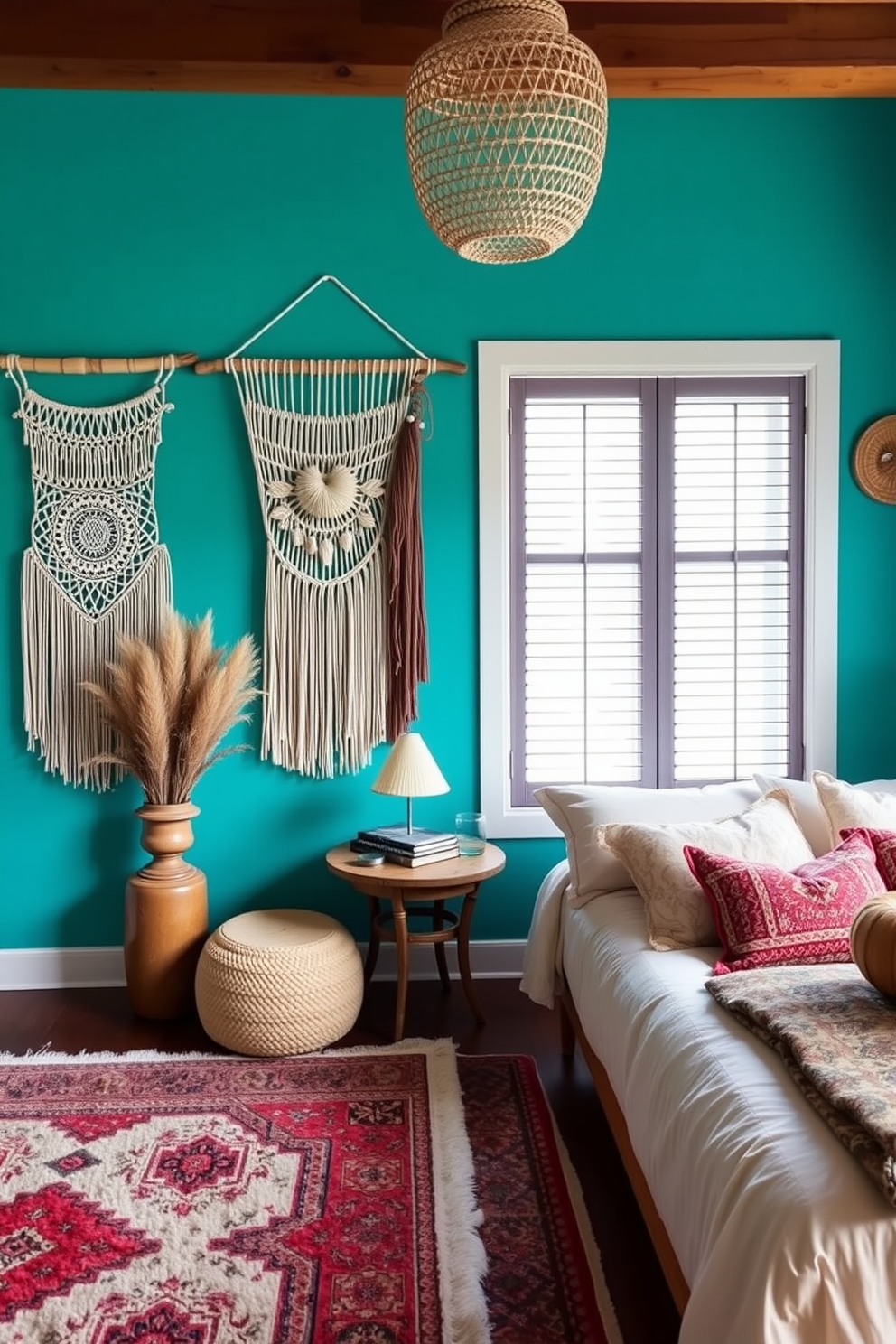 Brightly colored accent walls create a vibrant atmosphere that enhances the overall aesthetic of the room. Consider a bold turquoise wall paired with soft neutral furnishings to balance the energy. In a Boho bedroom, layer textures and patterns for a cozy, eclectic feel. Use a mix of macrame wall hangings, patterned throw pillows, and a vintage rug to bring warmth and personality to the space.