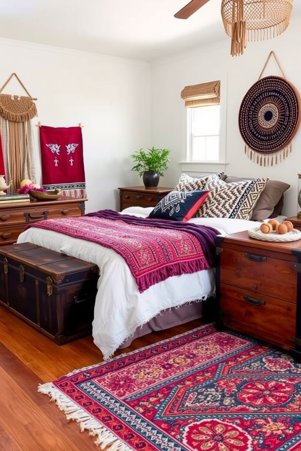 A cozy boho bedroom featuring vintage trunks used as stylish storage solutions. The room is adorned with layered textiles, including a colorful woven rug and patterned throw pillows on a plush bed.