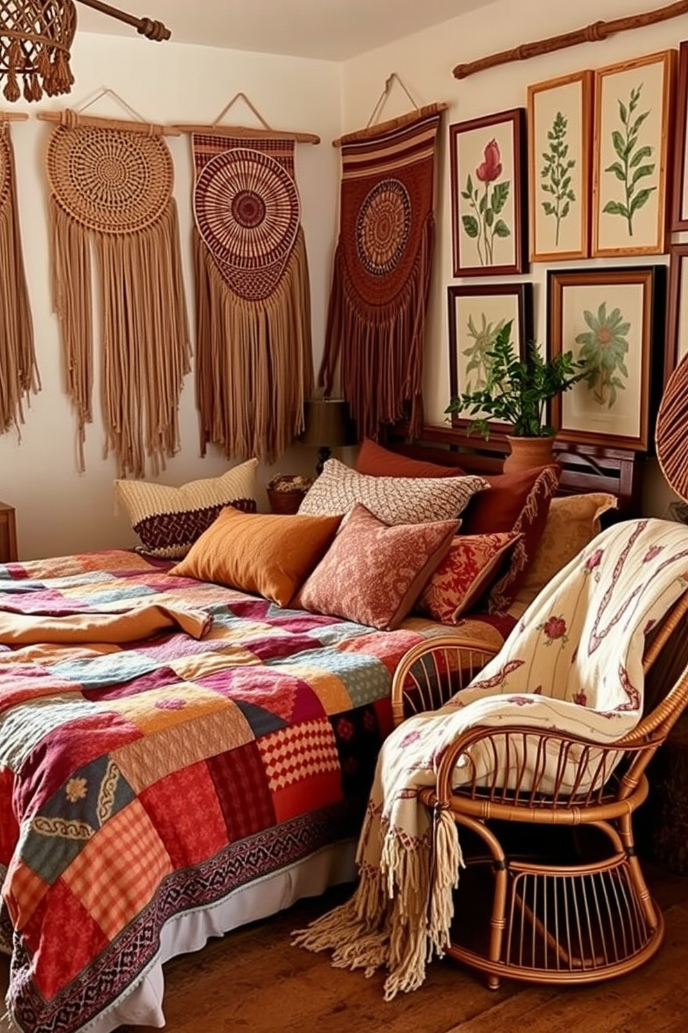 A boho bedroom filled with vintage textiles that create a warm and inviting atmosphere. The bed is adorned with a colorful patchwork quilt and an array of textured throw pillows in earthy tones. The walls are decorated with woven wall hangings and framed botanical prints. A cozy reading nook features a rattan chair and a soft, patterned throw blanket draped over the arm.