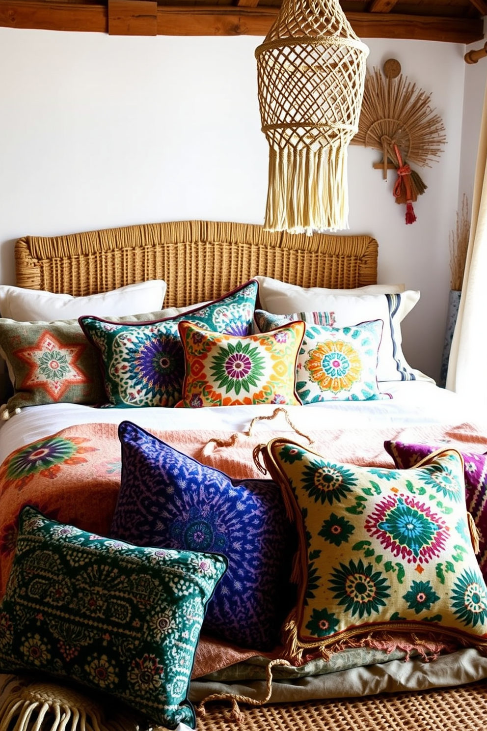 Eclectic throw pillows in various patterns adorn a cozy boho bedroom. The pillows feature vibrant colors and unique designs, adding texture and personality to the space. A plush bed with a woven headboard serves as the focal point, surrounded by layered textiles and natural materials. Soft lighting from a macrame pendant lamp creates a warm and inviting atmosphere.