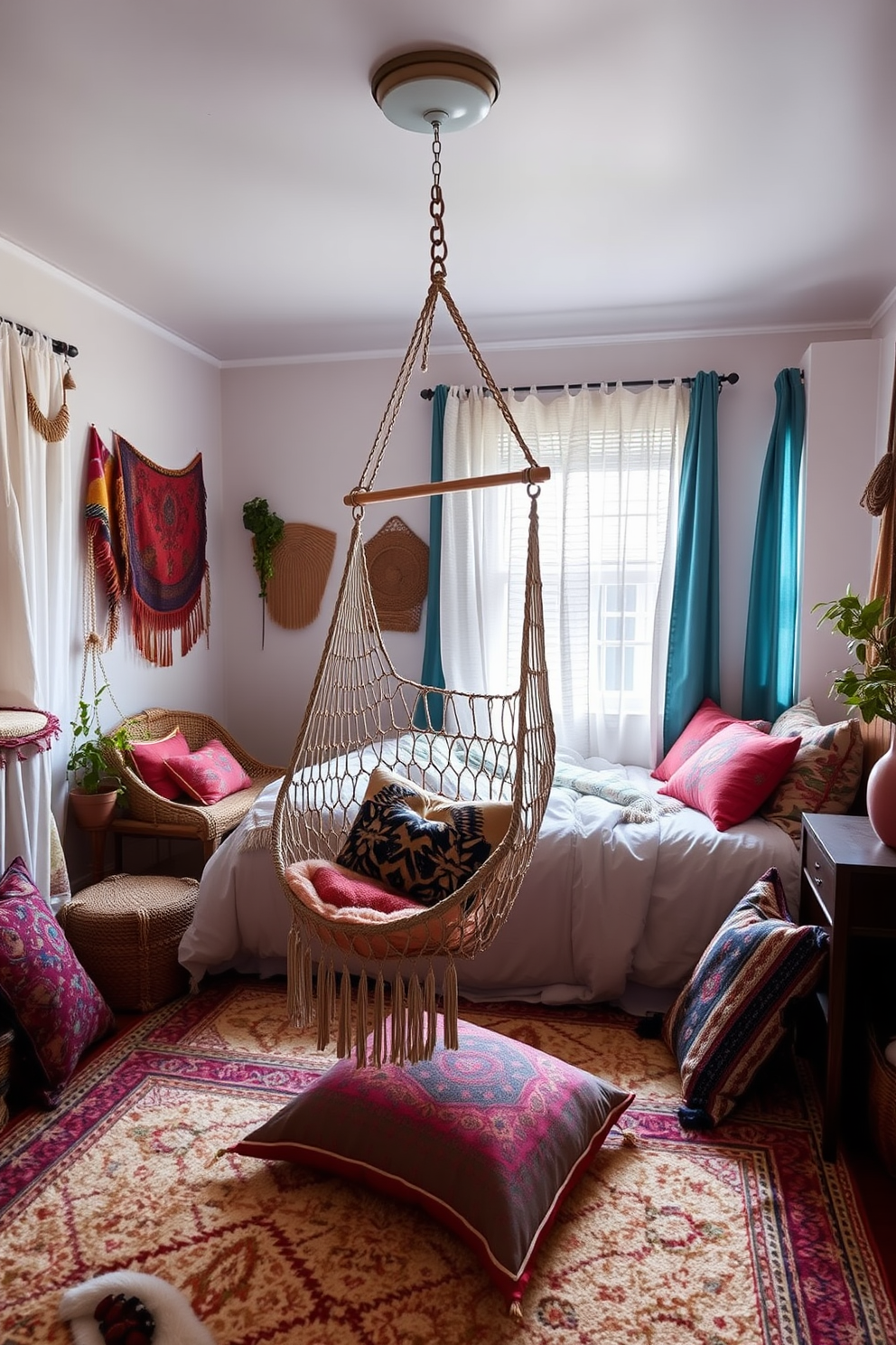 A cozy boho bedroom featuring a hammock chair suspended from the ceiling, creating a relaxed and inviting atmosphere. The room is adorned with layered textiles, including colorful throw pillows and a soft area rug, enhancing the bohemian aesthetic.