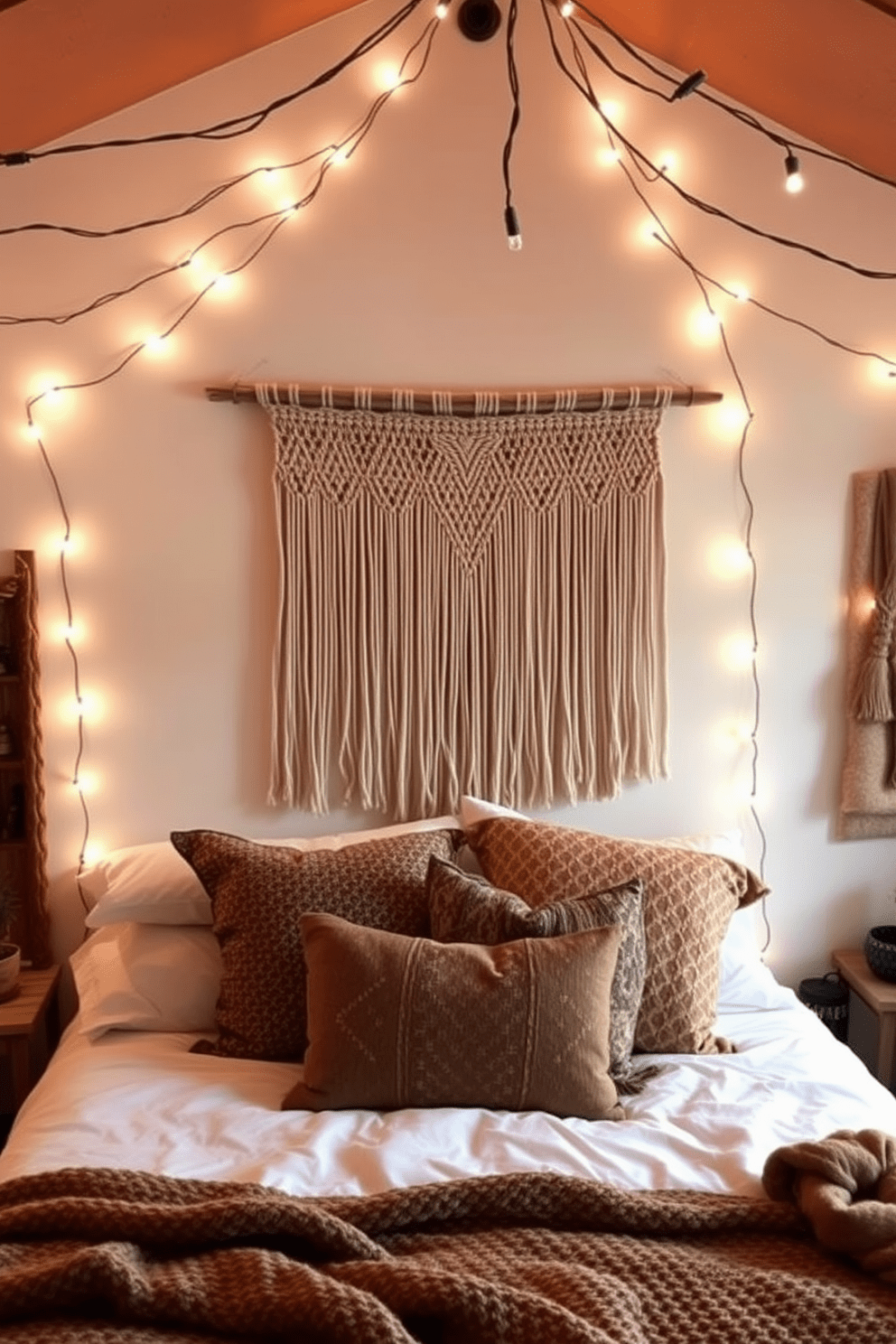 A cozy boho bedroom filled with warmth and texture. String lights are draped across the ceiling, creating a soft ambient glow that enhances the inviting atmosphere. The bed is adorned with layered textiles in earthy tones, including a macrame wall hanging above the headboard. A mix of patterned throw pillows and a chunky knit blanket add comfort and style.