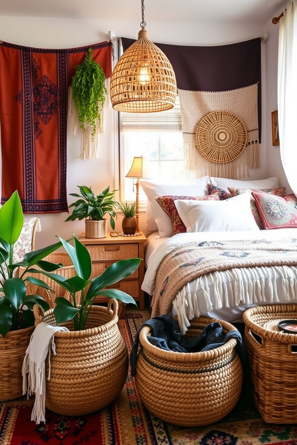 A cozy boho bedroom featuring woven baskets as stylish storage solutions. The room is adorned with a mix of vibrant textiles and earthy tones, creating a warm and inviting atmosphere. The woven baskets are placed strategically around the room, providing both functionality and aesthetic appeal. Soft lighting from hanging pendant lamps enhances the relaxed vibe, while plants add a touch of nature to the decor.