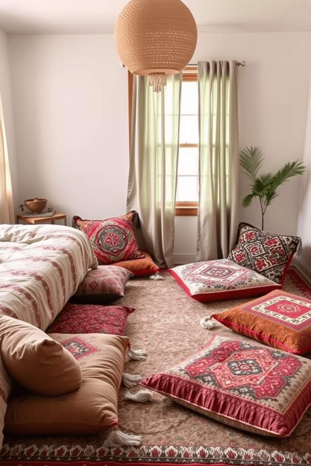 A cozy boho bedroom featuring floor cushions scattered around for casual seating options. The cushions are adorned with colorful patterns and textures, creating a relaxed and inviting atmosphere.