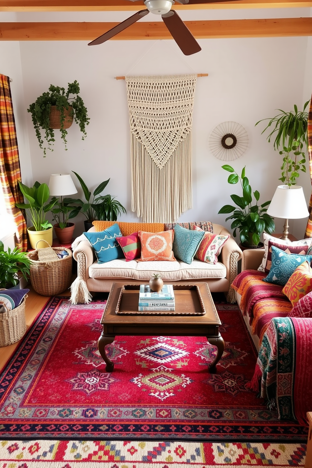 A cozy boho chic living room filled with layered textiles in vibrant colors. A large, patterned area rug anchors the space, surrounded by an assortment of colorful throw pillows on a plush sofa. A macrame wall hanging adds texture, while potted plants bring a touch of nature indoors. A vintage coffee table sits at the center, adorned with books and a decorative tray.