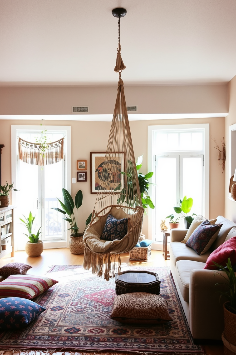 A cozy boho chic living room features a hammock chair suspended from the ceiling, inviting relaxation and comfort. The space is adorned with layered textiles, including colorful throw pillows and a patterned area rug that adds warmth and texture. Natural light floods the room through large windows, highlighting the eclectic decor of plants and handmade art pieces. The walls are painted in soft earth tones, creating a serene backdrop for the vibrant furnishings and accessories.