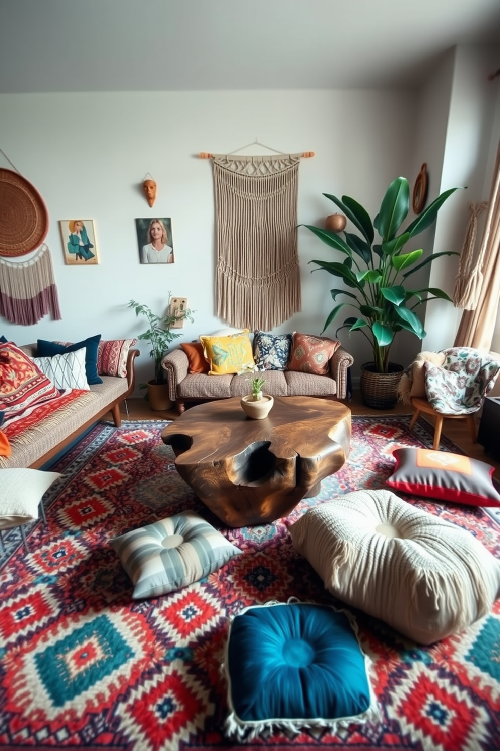 A wooden coffee table with a unique design sits at the center of a Boho Chic living room. Surrounding the table are an array of colorful, textured cushions on a large, patterned rug that adds warmth to the space. The walls are adorned with eclectic artwork and macramé hangings that reflect a free-spirited vibe. A large potted plant in the corner brings a touch of nature indoors, complementing the overall aesthetic.