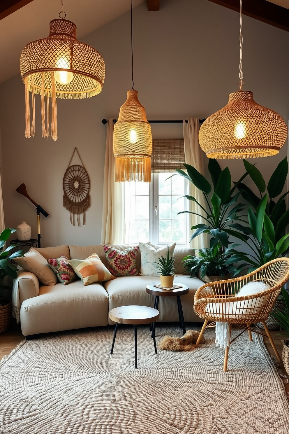 A cozy living room filled with soft lighting created by boho pendant lamps hanging from the ceiling. The space features a plush, oversized sofa adorned with colorful throw pillows and a large woven area rug that adds warmth and texture. In one corner, a rattan chair is paired with a small side table made of reclaimed wood. Lush indoor plants are strategically placed throughout the room, enhancing the bohemian vibe and bringing a touch of nature indoors.