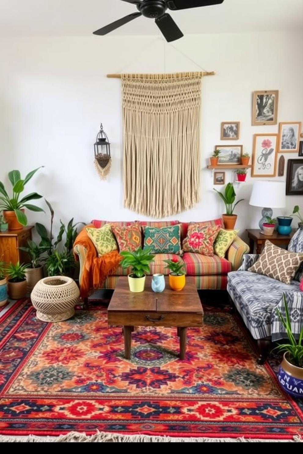 A vibrant Boho Chic living room filled with an eclectic mix of patterns and textures. The space features a large, colorful area rug with geometric designs, layered with a soft, fringed throw blanket on a vintage-style couch adorned with patterned cushions. An oversized macrame wall hanging serves as a focal point above a rustic wooden coffee table. Potted plants in various sizes and colorful ceramic pots add a fresh touch, while a gallery wall of framed art and photographs brings personality to the room.