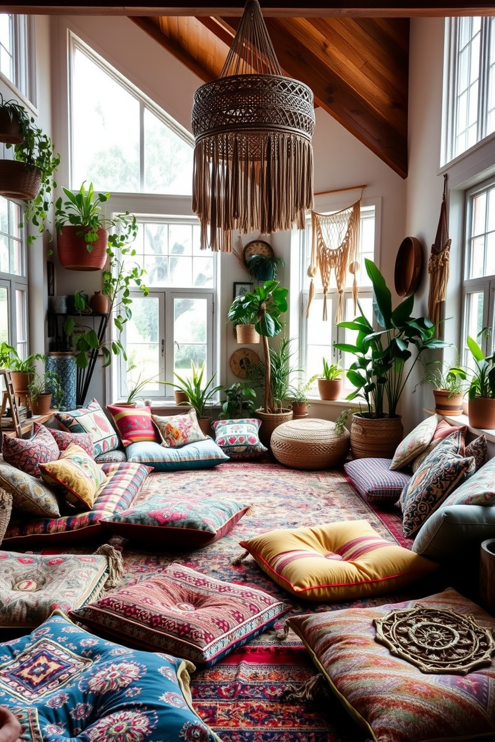 A cozy Boho Chic living room filled with vibrant colors and textures. The floor is adorned with an assortment of floor cushions in various patterns and fabrics, creating a casual and inviting seating area. Natural light pours in through large windows, illuminating the eclectic decor. A mix of plants, woven baskets, and macrame wall hangings adds to the relaxed, bohemian atmosphere.